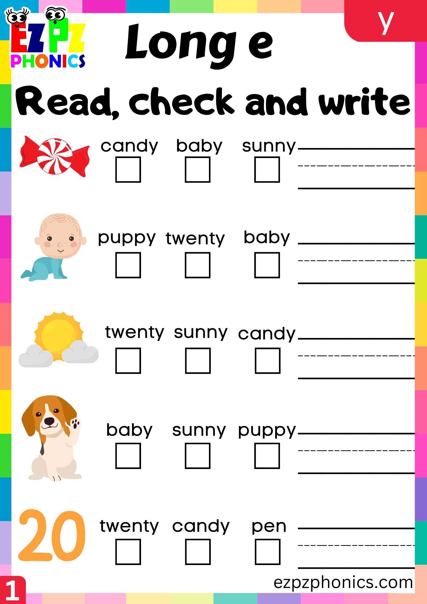 Group1 Y Words Read, Check And Write Long E Phonics Worksheet